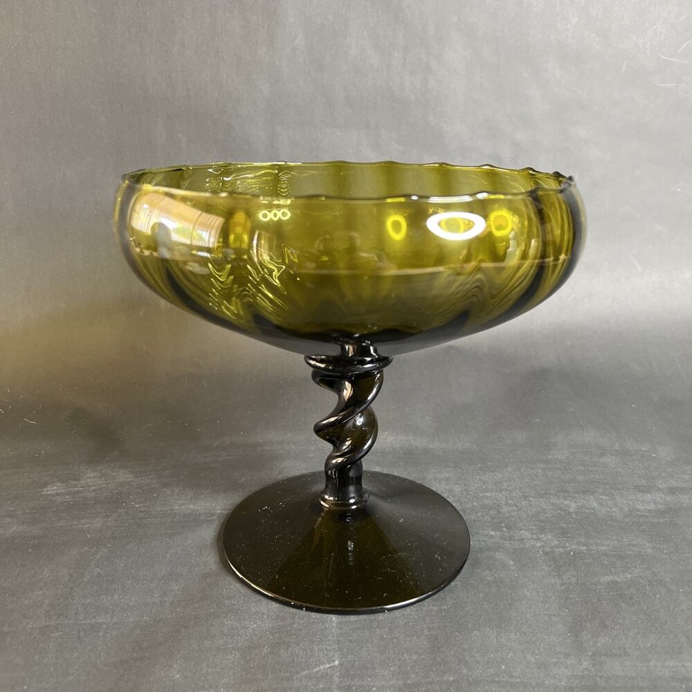 Vintage Empoli Olive Green Glass Compote • Twisted Stem Pedestal Dish • MCM